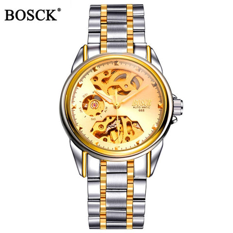 Bosck Brand Luxury Mechanical Men Watches Skeleton Automatic Gold Masculino Waterproof Self-winding Clock Stainless Steel Hombre