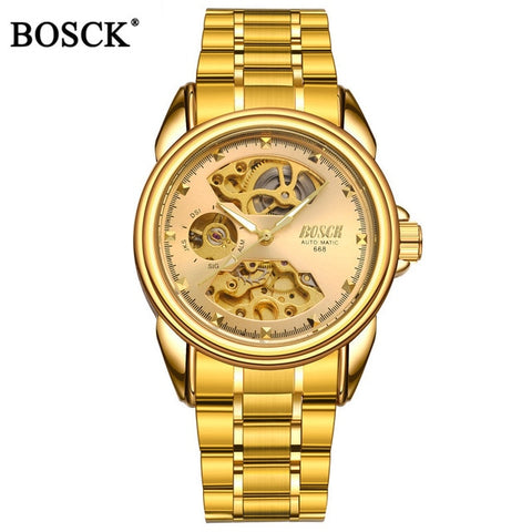 Bosck Brand Luxury Mechanical Men Watches Skeleton Automatic Gold Masculino Waterproof Self-winding Clock Stainless Steel Hombre