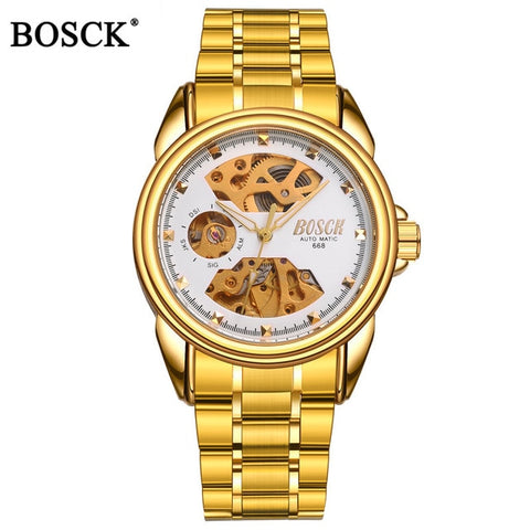 Bosck Brand Luxury Mechanical Men Watches Skeleton Automatic Gold Masculino Waterproof Self-winding Clock Stainless Steel Hombre