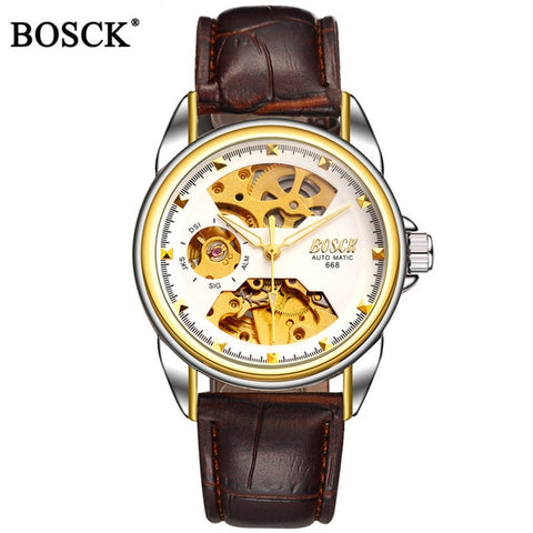 Bosck Brand Luxury Mechanical Men Watches Skeleton Automatic Gold Masculino Waterproof Self-winding Clock Stainless Steel Hombre