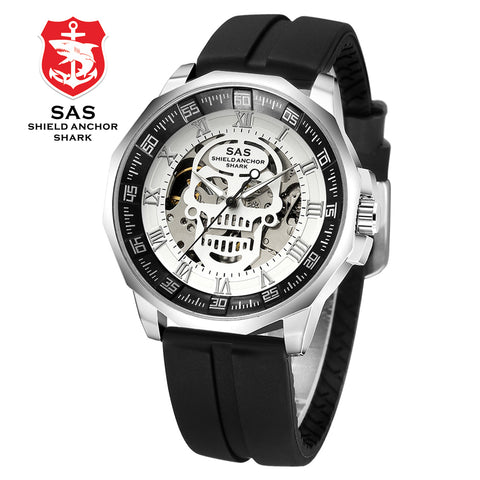 SAS Shield Anchor Shark Watch Men Clock Mechanical Skull Skeleton Watches Wristwatch relogio masculino