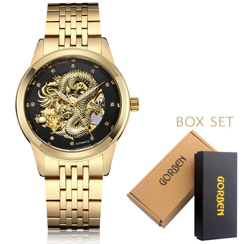 Luxury Dragon Skeleton Automatic Mechanical Watches For Men Wrist Watch Stainless Steel Strap Gold Clock Waterproof Mens relogio