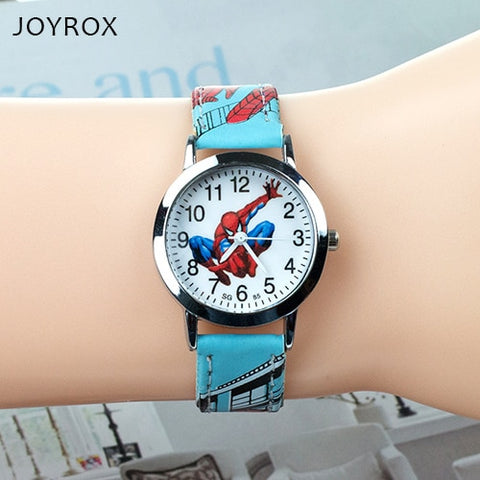 JOYROX Spiderman Pattern Children Watches Cartoon Leather Strap Kids Watch Students Quartz Wristwatch Boys Clock Dropshipping