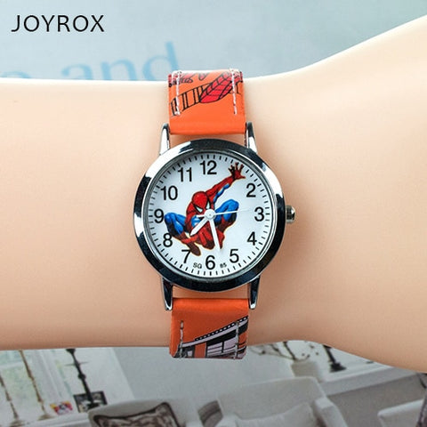 JOYROX Spiderman Pattern Children Watches Cartoon Leather Strap Kids Watch Students Quartz Wristwatch Boys Clock Dropshipping