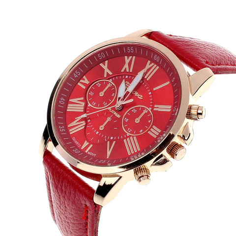 Luxury Fashion Casual Gold Red Women Watches Faux Leather Women's Geneva Roman Numerals Faux Leather 2019 Analog Quartz Watch Q