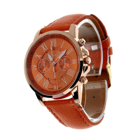 Luxury Fashion Casual Gold Red Women Watches Faux Leather Women's Geneva Roman Numerals Faux Leather 2019 Analog Quartz Watch Q