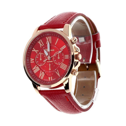 Luxury Fashion Casual Gold Red Women Watches Faux Leather Women's Geneva Roman Numerals Faux Leather 2019 Analog Quartz Watch Q