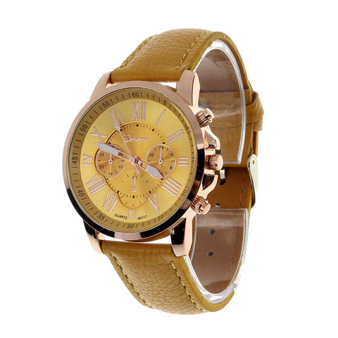 Luxury Fashion Casual Gold Red Women Watches Faux Leather Women's Geneva Roman Numerals Faux Leather 2019 Analog Quartz Watch Q