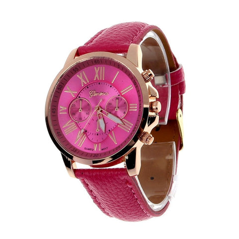 Luxury Fashion Casual Gold Red Women Watches Faux Leather Women's Geneva Roman Numerals Faux Leather 2019 Analog Quartz Watch Q