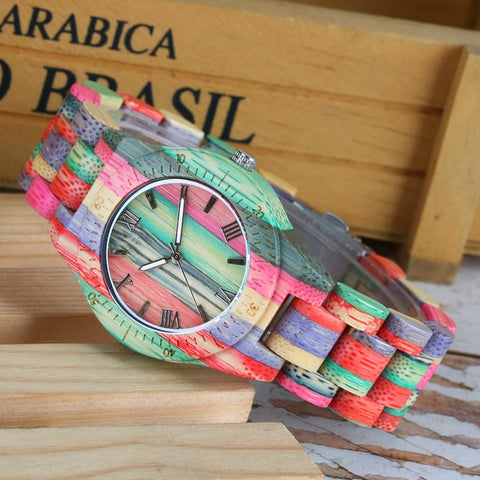 Top Luxury Colorful Wood Watch Women's Quartz Full Bamboo Wooden Clock Female Fashion Candy Color Bracelet Hour Lady Wrist Watch