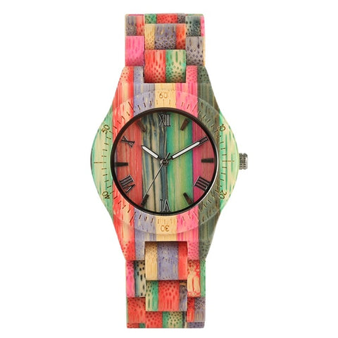 Top Luxury Colorful Wood Watch Women's Quartz Full Bamboo Wooden Clock Female Fashion Candy Color Bracelet Hour Lady Wrist Watch