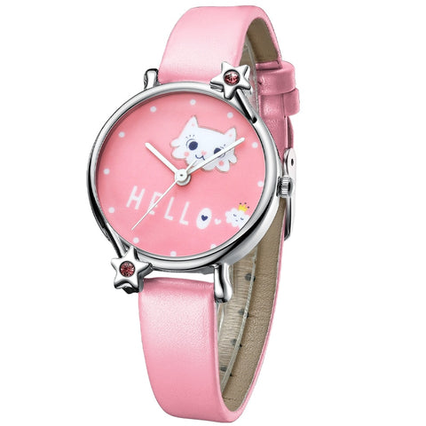 KDM Cute Girl Watch Cartoon Cat Child Watches Kids Waterproof Pink Leather Lovely Kids Children Watches Students Clock