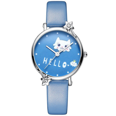 KDM Cute Girl Watch Cartoon Cat Child Watches Kids Waterproof Pink Leather Lovely Kids Children Watches Students Clock