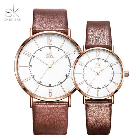 Shengke Couple Watch Set Men's Ladies Wrist Watches Analog Brown Fashion Simple Leather Strap Valentine Love Birthday Gifts